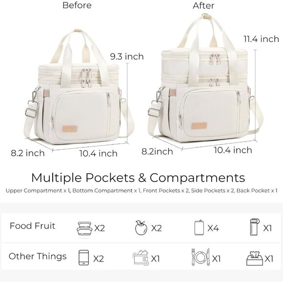 Double Deck Insulated Lunch Box for Men & Women, Leakproof Tote (White) - Picture 2 of 8